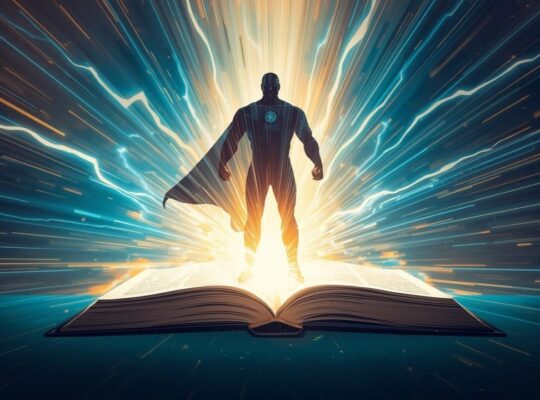 Een illustratie van een superheld die uit een boek vol licht opstijgt. Het boek straalt geel-wit licht uit, omringd door blauwe en lichtoranje gloed. De achtergrond is zachtblauw. De afbeelding symboliseert hoogbegaafdheid als een innerlijke superkracht die tot leven komt wanneer kennis, inzicht en energie samenkomen.