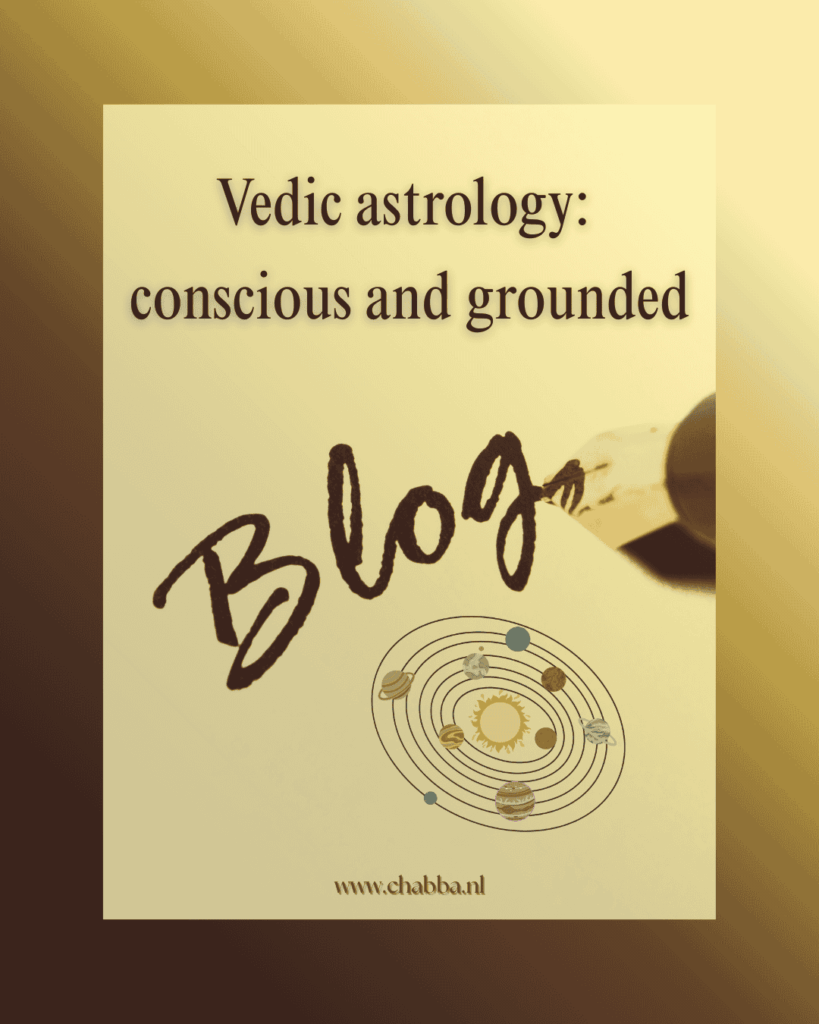 Horizontal image with a black-to-gold gradient background. At the top, the title reads: 'Vedic astrology: conscious and grounded'. Below the title, a fountain pen writes the word 'Blog'. At the bottom, an image of the galaxy with a yellow/golden glow. Small text centered at the bottom: www.chabba.nl. Professional and warm appearance, focus on astrology and insight.
