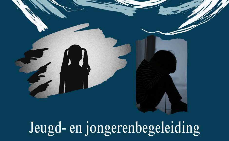 Donkerblauwe achtergrond met witte en lichtblauwe vegen. Daaronder 2 afbeeldingen van kinderen in een complexe ouder- en kindrelatie. Daaronder de ''Jeugd- en jongerenbegeleiding''. klein onderaan de website vermeld www.chabba.nl.